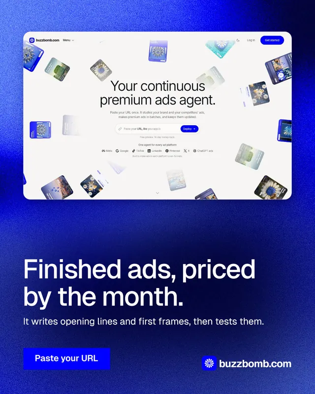 Instagram portrait post for BuzzBomb: "Finished ads, priced by the month." Swiss style, bottom layout, light palette in white, blue.