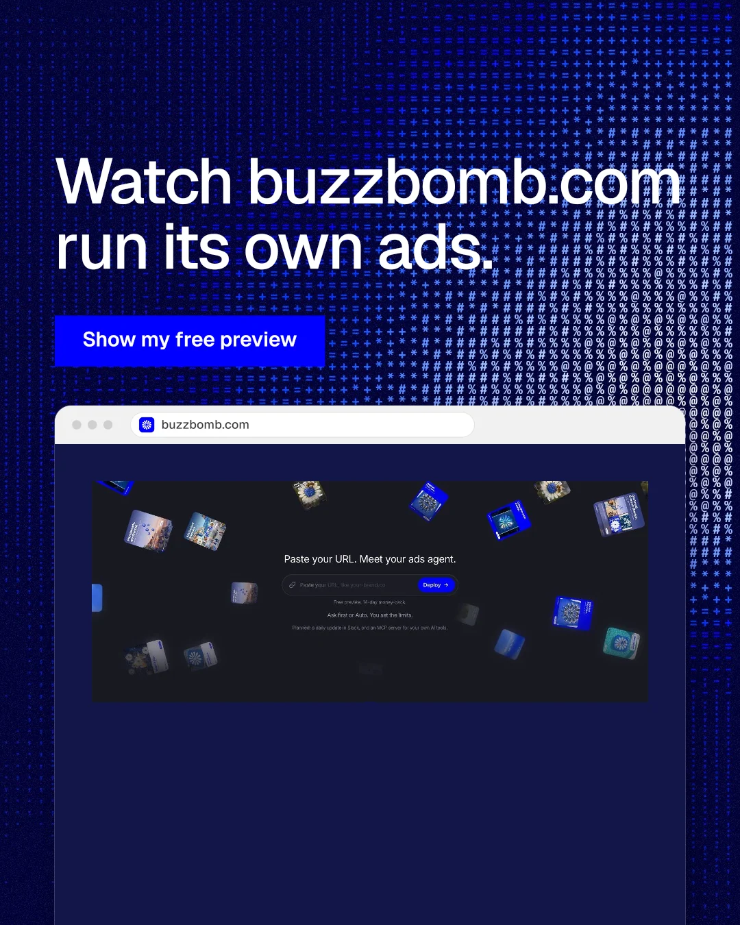 Instagram portrait post for BuzzBomb: "Watch buzzbomb.com run its own ads." Swiss style, browser layout, dark palette in blue, grey.