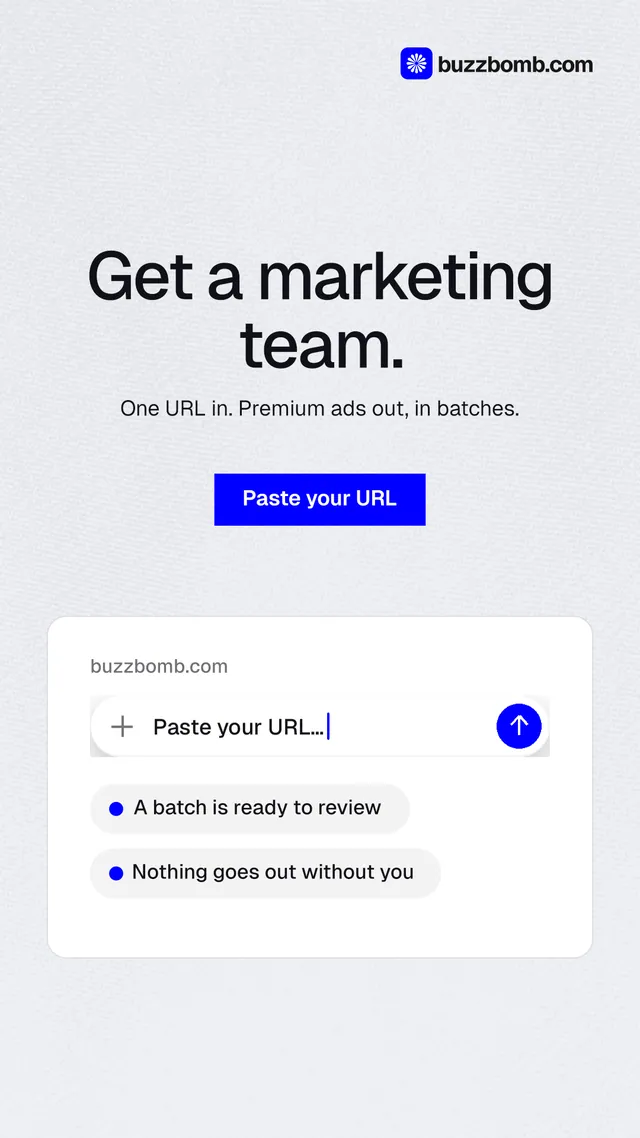 Instagram story for BuzzBomb: "Get a marketing team." Swiss style, centred layout, light palette in white, blue.