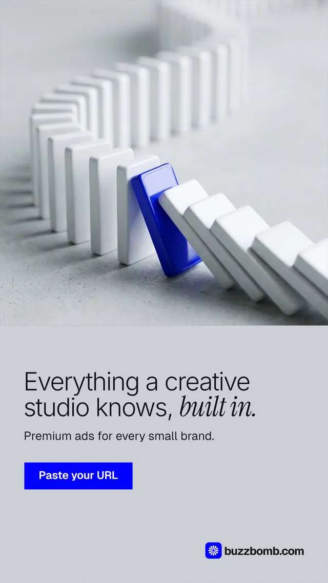 Instagram story for BuzzBomb: "Everything a creative studio knows, built in." Swiss style, bottom layout, light palette in white, grey.