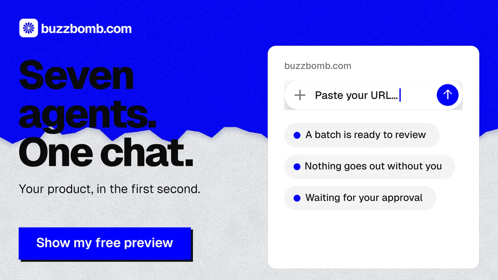 Landscape graphic for BuzzBomb: "Seven agents. One chat." Paper trio style, bottom layout, light palette in blue, white.