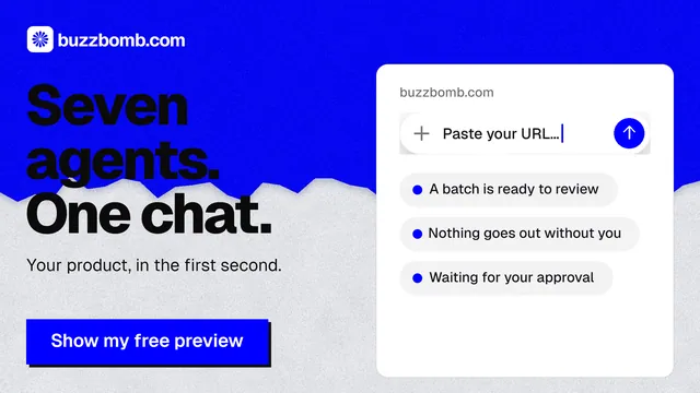 Landscape graphic for BuzzBomb: "Seven agents. One chat." Paper trio style, bottom layout, light palette in blue, white.