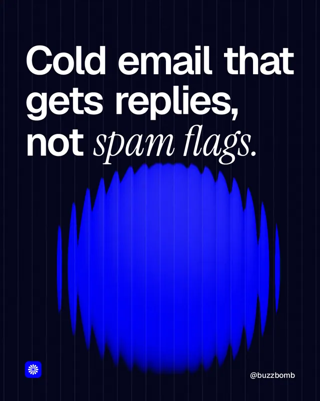 Instagram portrait post for BuzzBomb: "Cold email that gets replies, not spam flags." Auto 4x5 style, technique:shader field layout, dark palette in black, blue.