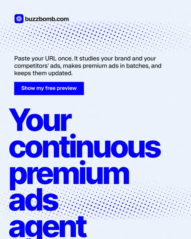 Instagram portrait post for BuzzBomb: "Your continuous premium ads agent." Swiss style, oversized layout, light palette in white, blue.