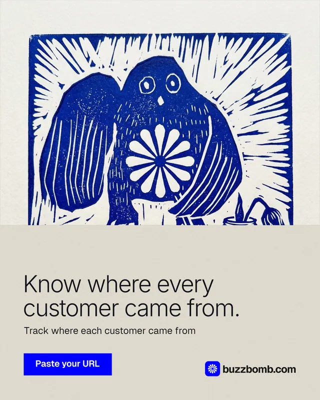 Instagram portrait post for BuzzBomb: "Know where every customer came from." Swiss style, bottom layout, light palette in yellow, blue, white.