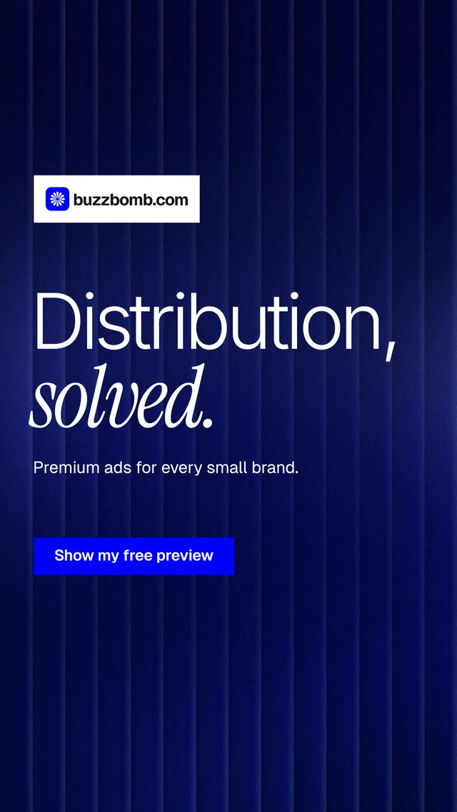Instagram story for BuzzBomb: "Distribution, solved." Swiss style, announce layout, dark palette in black, blue.