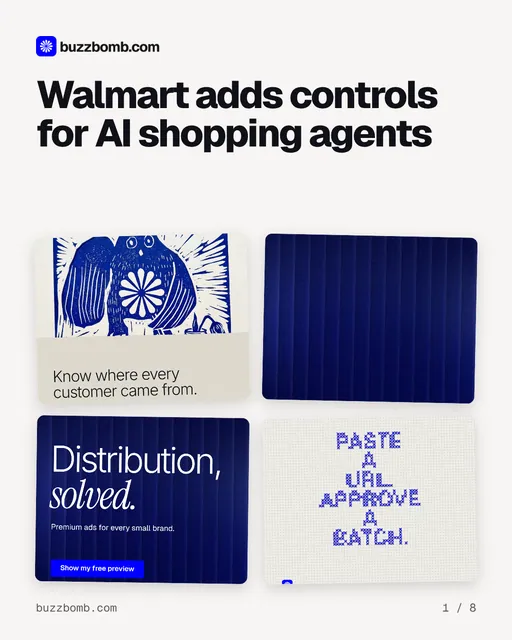Carousel for BuzzBomb: "Walmart adds controls for AI shopping agents". Collection carousel, 8 slides, light palette.