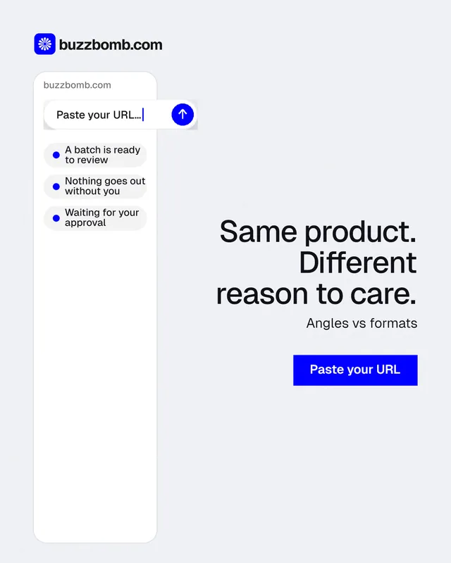 Instagram portrait post for BuzzBomb: "Same product. Different reason to care." Swiss style, right layout, light palette in white, blue.