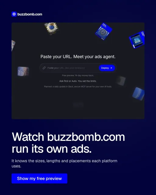Video for BuzzBomb: "Watch buzzbomb.com run its own ads.". Doc motion loop, 8.0 s, dark palette.
