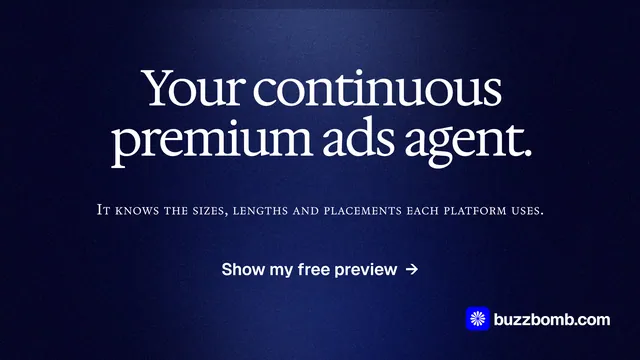 Landscape graphic for BuzzBomb: "Your continuous premium ads agent." Dark deco style, smallcaps layout, dark palette in black, blue, grey.