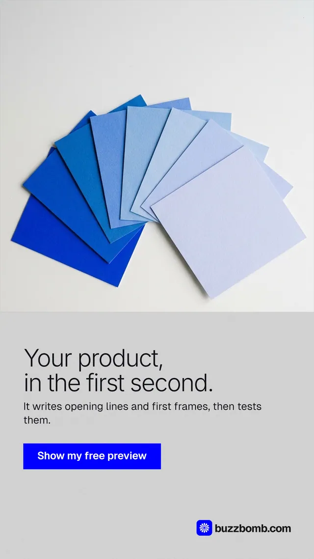 Instagram story for BuzzBomb: "Your product, in the first second." Swiss style, bottom layout, light palette in white, blue.
