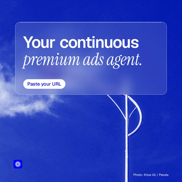 Instagram post for BuzzBomb: "Your continuous premium ads agent." Glass style, technique:pexels ingredient layout, dark palette in blue.