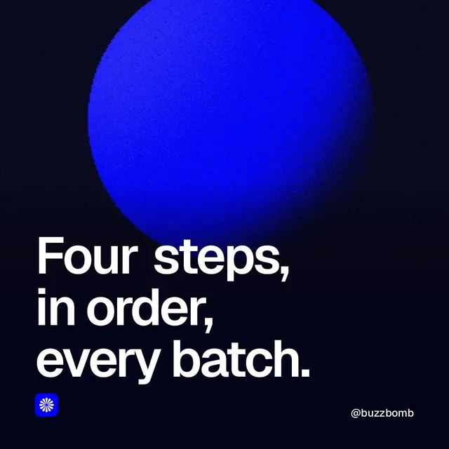 Video for BuzzBomb: "Four steps, in order, every batch.". Shader loop, 6.0 s, dark palette.