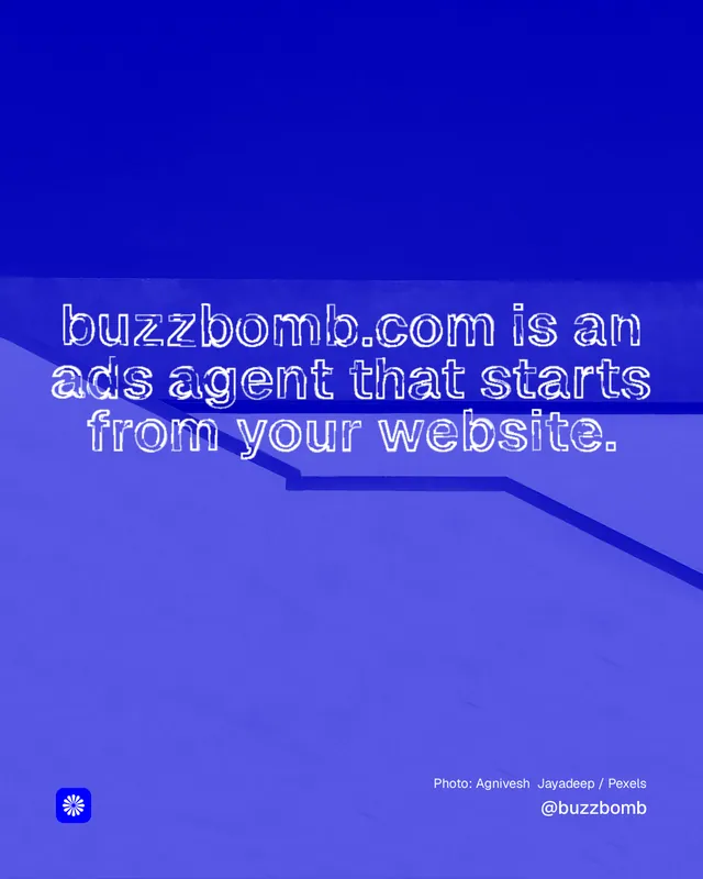 Instagram portrait post for BuzzBomb: "buzzbomb.com is an ads agent that starts from your website." Scribble style, technique:raster type fx layout, dark palette in blue.