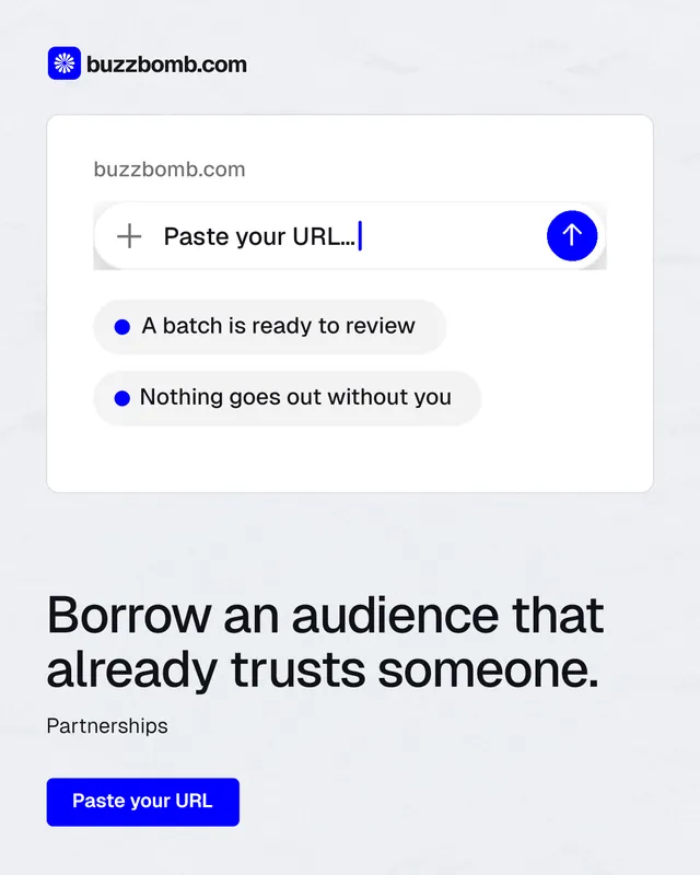 Instagram portrait post for BuzzBomb: "Borrow an audience that already trusts someone." Data card style, bottom layout, light palette in white, blue.