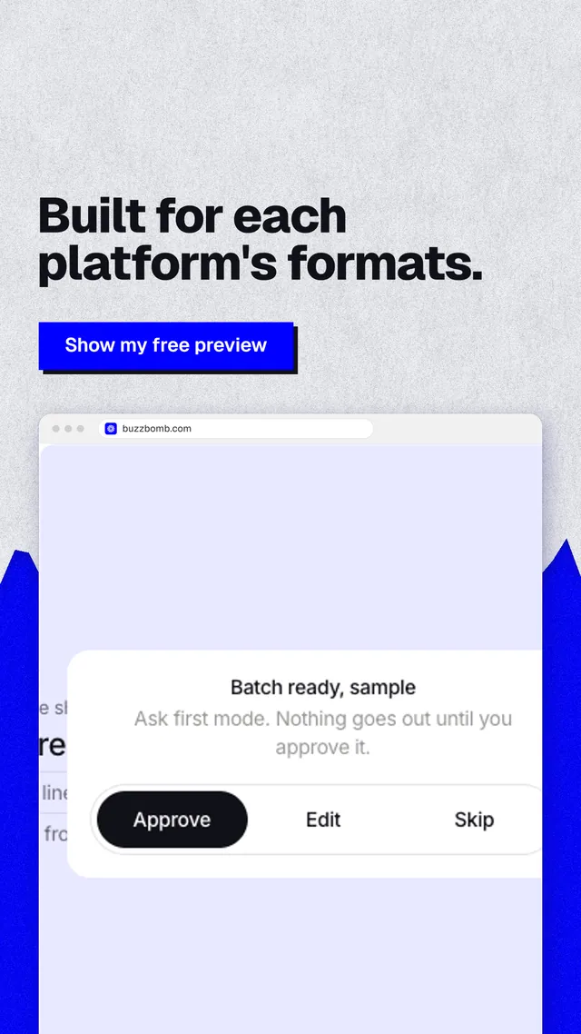 Instagram story for BuzzBomb: "Built for each platform's formats." Paper trio style, browser layout, light palette in white, blue.