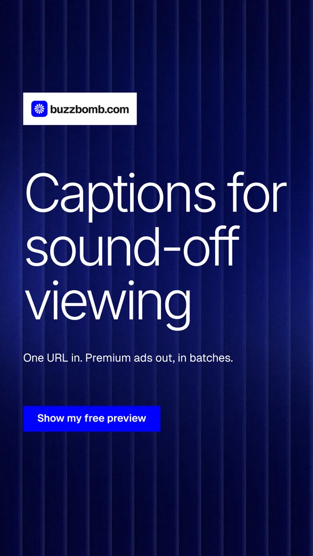 Instagram story for BuzzBomb: "Captions for sound-off viewing". Swiss style, announce layout, dark palette in black, blue.