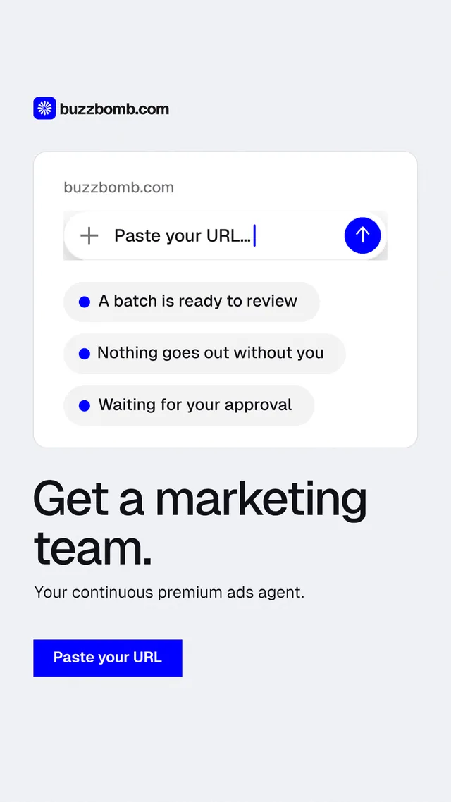 Instagram story for BuzzBomb: "Get a marketing team." Swiss style, bottom layout, light palette in white, blue.