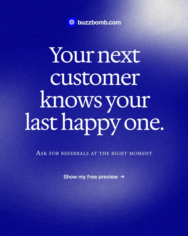 Instagram portrait post for BuzzBomb: "Your next customer knows your last happy one." Cyanotype style, smallcaps layout, dark palette in blue.