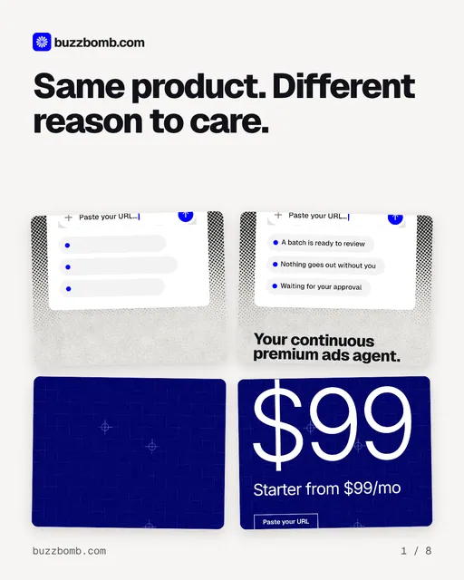 Carousel for BuzzBomb: "Same product. Different reason to care.". Collection carousel, 8 slides, light palette.