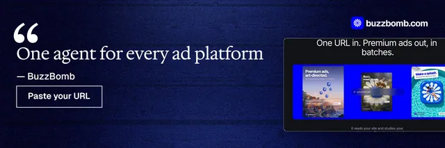 X header for BuzzBomb: "One agent for every ad platform". Dark deco style, quote layout, dark palette in black, blue, grey.