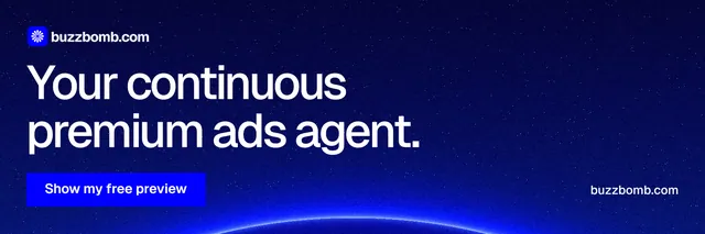 X header for BuzzBomb: "Your continuous premium ads agent." Swiss style, poster layout, dark palette in blue.