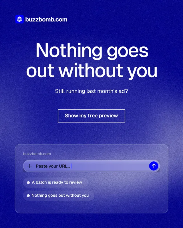 Instagram portrait post for BuzzBomb: "Nothing goes out without you". Cyanotype style, centred layout, dark palette in blue.