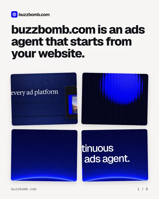 Carousel for BuzzBomb: "buzzbomb.com is an ads agent that starts from your website.". Collection carousel, 8 slides, light palette.