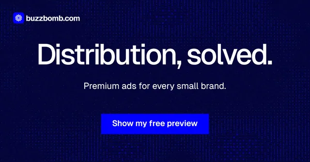 Social ad for BuzzBomb: "Distribution, solved." Swiss style, centred layout, dark palette in blue.