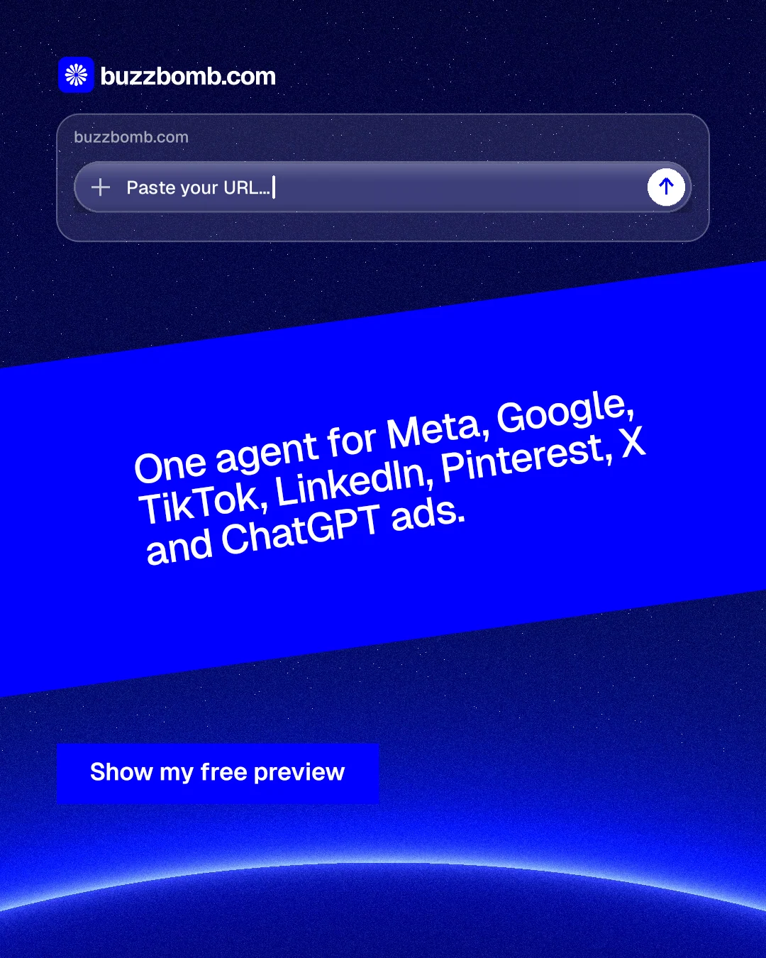 Instagram portrait post for BuzzBomb: "One agent for Meta, Google, TikTok, LinkedIn, Pinterest, X and ChatGPT ads." Swiss style, diagonal layout, dark palette in blue.
