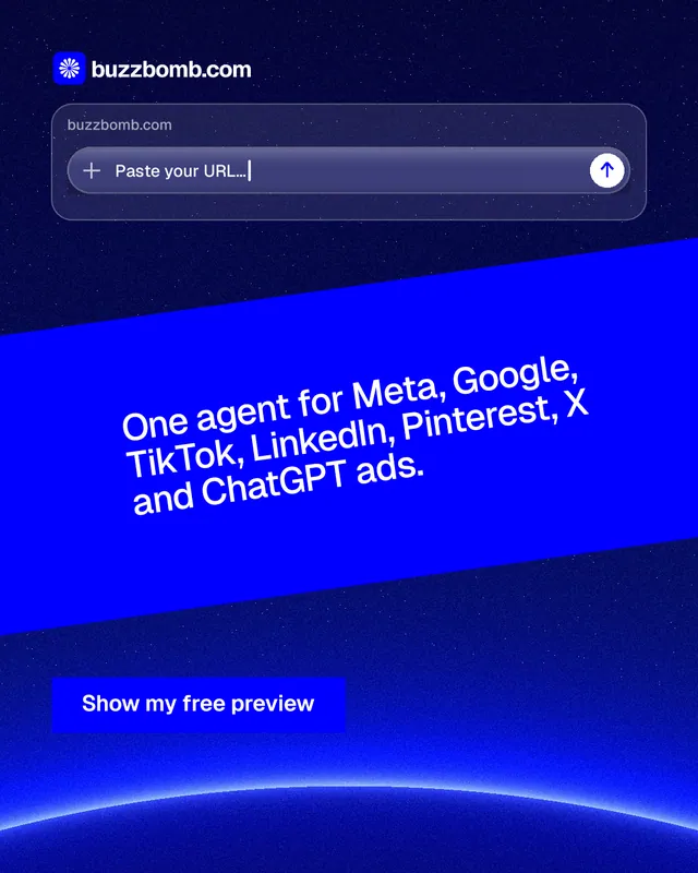 Instagram portrait post for BuzzBomb: "One agent for Meta, Google, TikTok, LinkedIn, Pinterest, X and ChatGPT ads." Swiss style, diagonal layout, dark palette in blue.