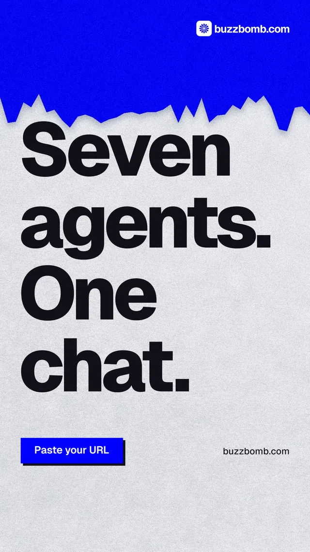 Instagram story for BuzzBomb: "Seven agents. One chat." Paper trio style, poster layout, light palette in white, blue, grey.