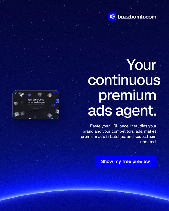Instagram portrait post for BuzzBomb: "Your continuous premium ads agent." Swiss style, right layout, dark palette in blue.