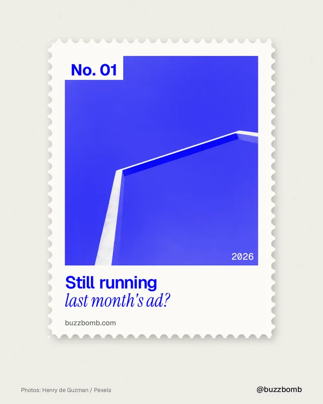 Instagram portrait post for BuzzBomb: "Still running last month's ad?" Single style, technique:stamp series layout, light palette in yellow, blue, white.