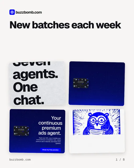 Carousel for BuzzBomb: "New batches each week". Collection carousel, 8 slides, light palette.