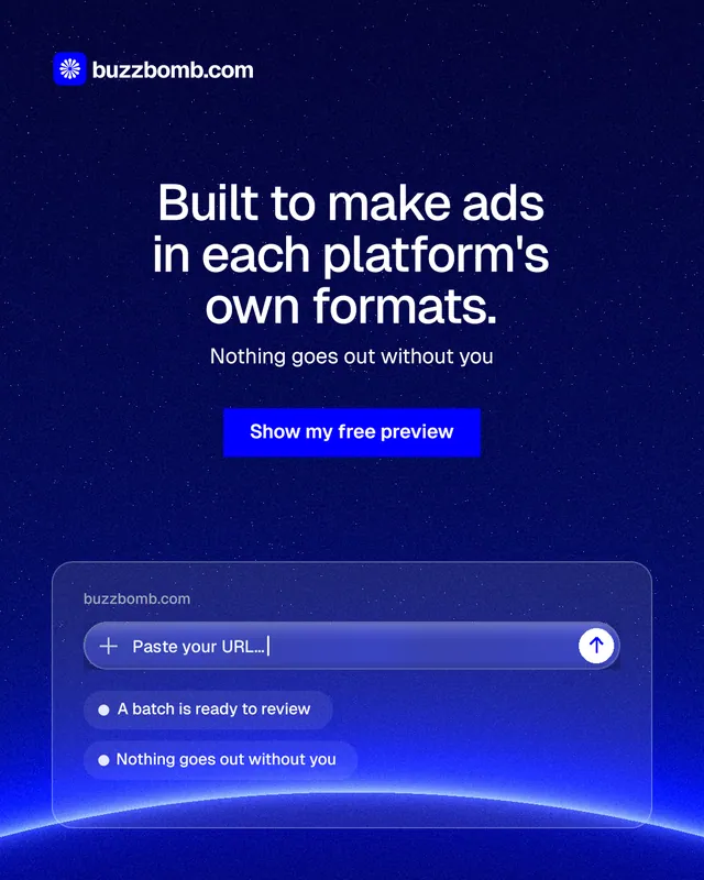 Instagram portrait post for BuzzBomb: "Built to make ads in each platform's own formats." Swiss style, centred layout, dark palette in blue.