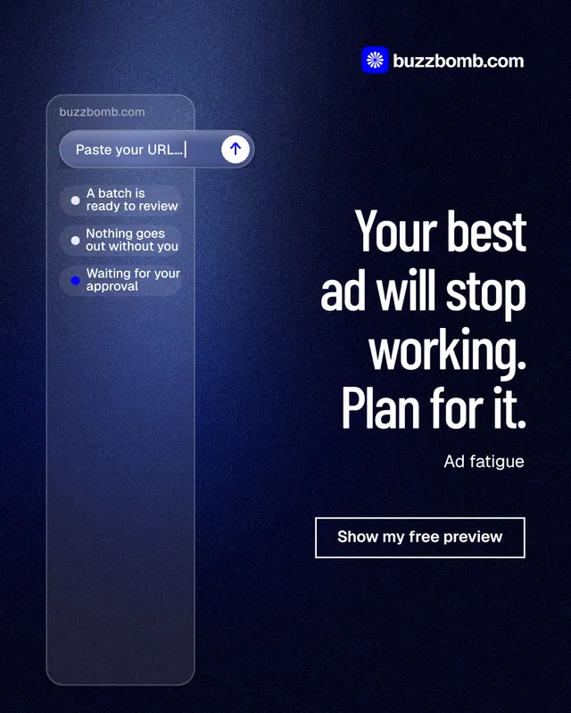 Instagram portrait post for BuzzBomb: "Your best ad will stop working. Plan for it." Dark deco style, right layout, dark palette in blue, black.