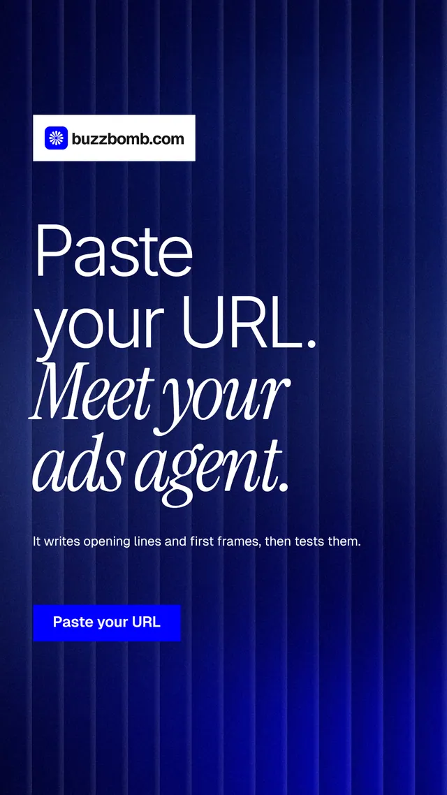 Instagram story for BuzzBomb: "Paste your URL. Meet your ads agent." Swiss style, announce layout, dark palette in blue.