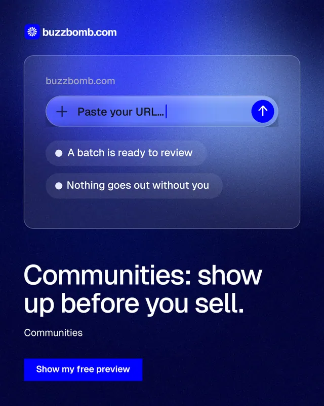 Instagram portrait post for BuzzBomb: "Communities: show up before you sell." Swiss style, bottom layout, dark palette in blue.