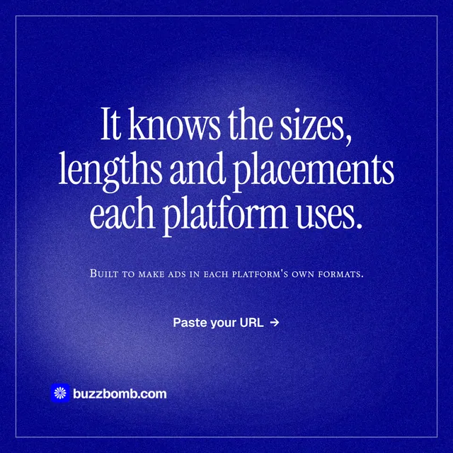 Instagram post for BuzzBomb: "It knows the sizes, lengths and placements each platform uses." Editorial style, smallcaps layout, dark palette in blue.
