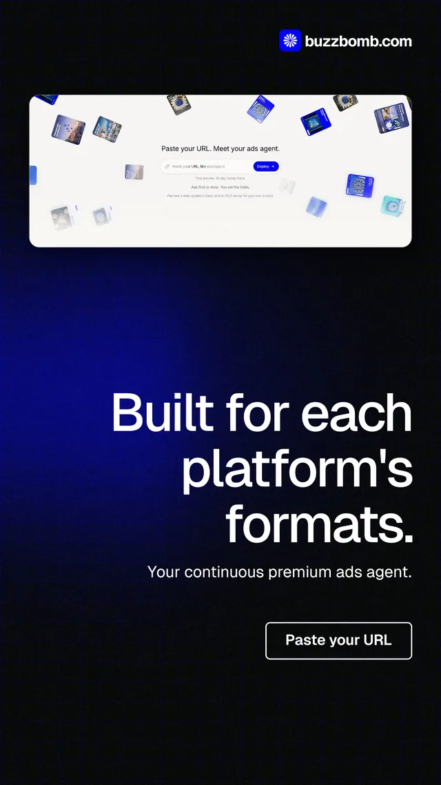 Instagram story for BuzzBomb: "Built for each platform's formats." Phosphor atlas style, right layout, dark palette in black, blue, white.