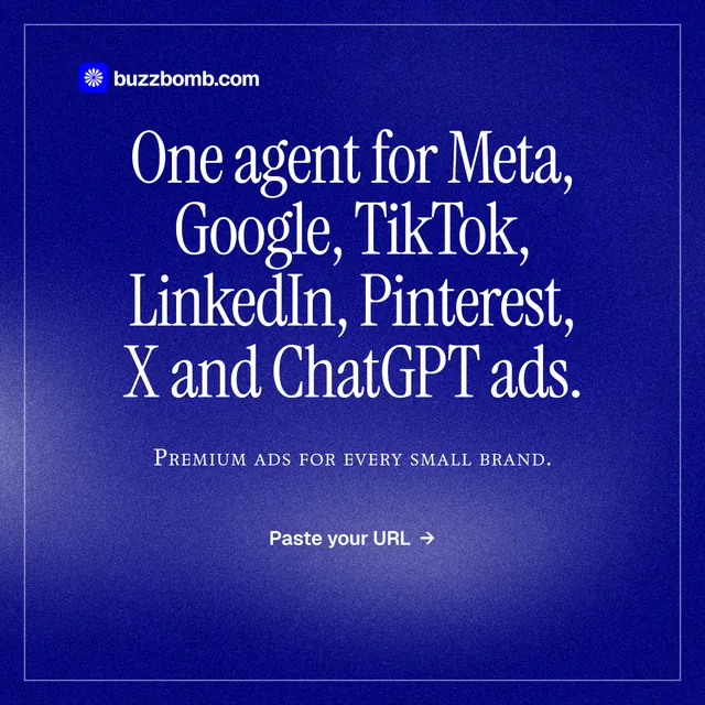 Instagram post for BuzzBomb: "One agent for Meta, Google, TikTok, LinkedIn, Pinterest, X and ChatGPT ads." Editorial style, smallcaps layout, dark palette in blue.
