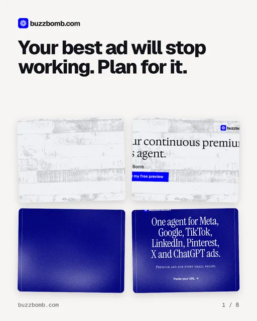 Carousel for BuzzBomb: "Your best ad will stop working. Plan for it.". Collection carousel, 8 slides, light palette.