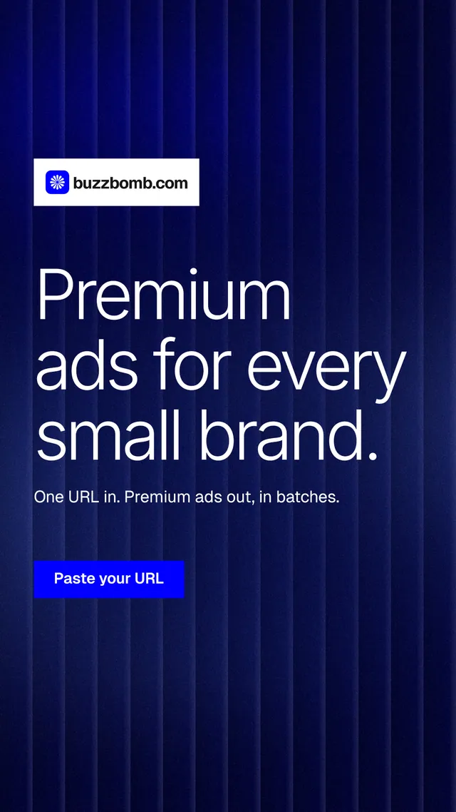 Instagram story for BuzzBomb: "Premium ads for every small brand." Swiss style, announce layout, dark palette in blue, black, grey.