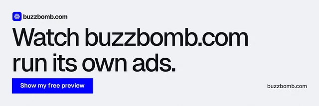X header for BuzzBomb: "Watch buzzbomb.com run its own ads." Swiss style, poster layout, light palette in white, blue.