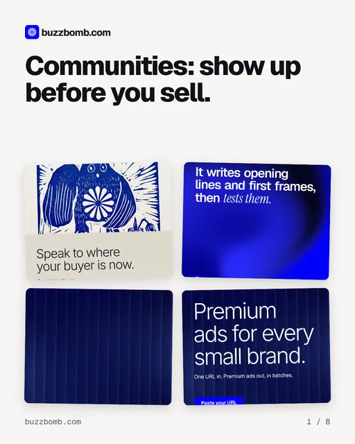 Carousel for BuzzBomb: "Communities: show up before you sell.". Collection carousel, 8 slides, light palette.