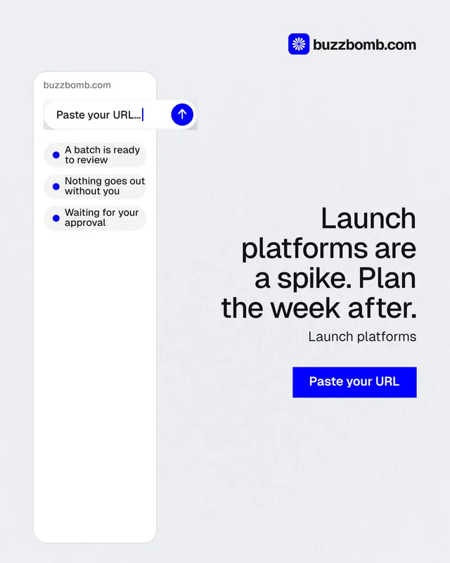 Instagram portrait post for BuzzBomb: "Launch platforms are a spike. Plan the week after." Swiss style, right layout, light palette in white, blue.