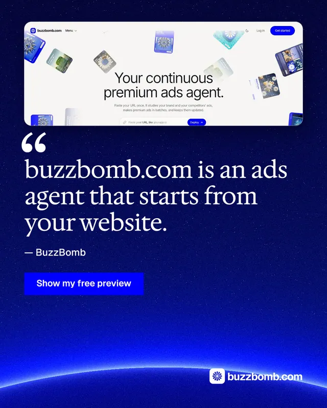Instagram portrait post for BuzzBomb: "buzzbomb.com is an ads agent that starts from your website." Swiss style, quote layout, dark palette in blue, white.