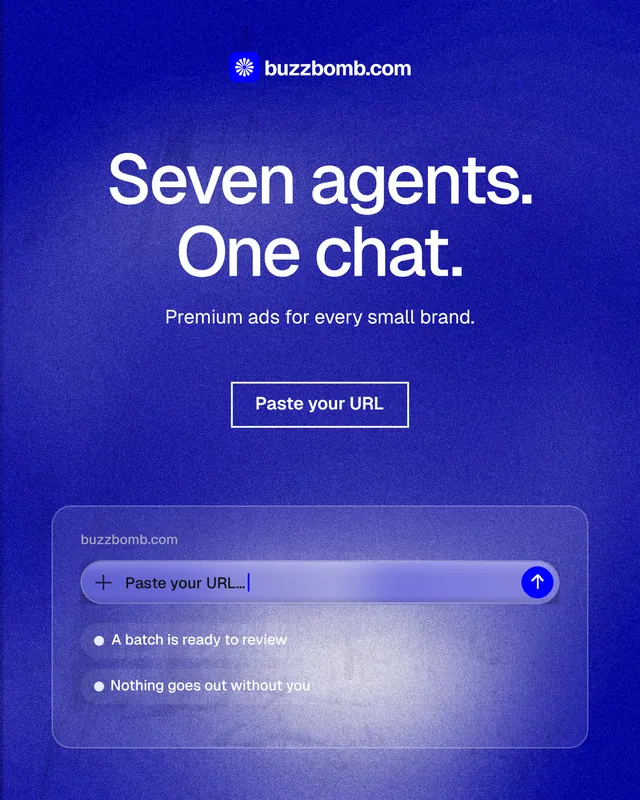 Instagram portrait post for BuzzBomb: "Seven agents. One chat." Cyanotype style, centred layout, dark palette in blue.