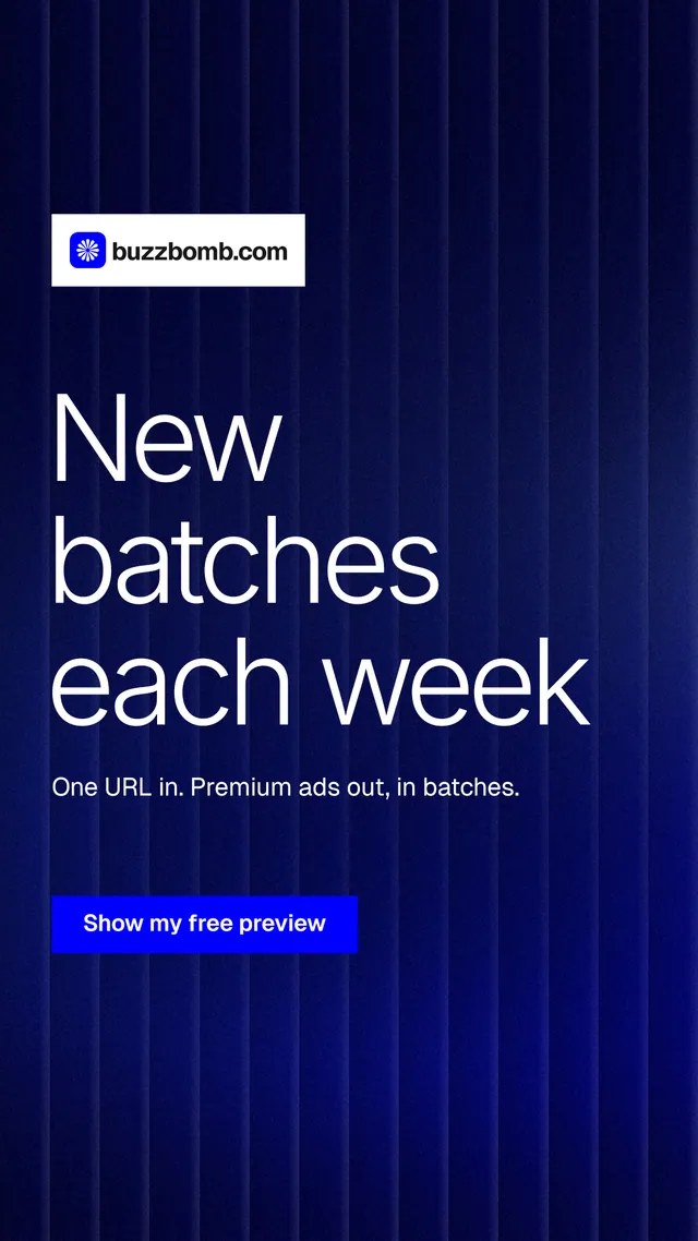 Instagram story for BuzzBomb: "New batches each week". Swiss style, announce layout, dark palette in black, blue.